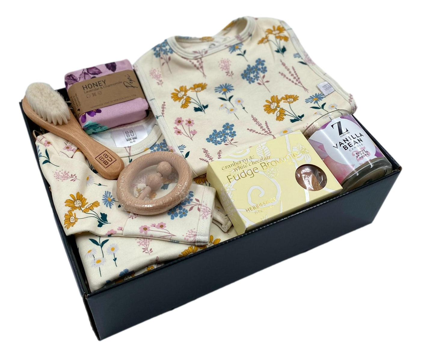 Baby Shower Gifts With Babu Organic Clothing and treats for the new mum to be.